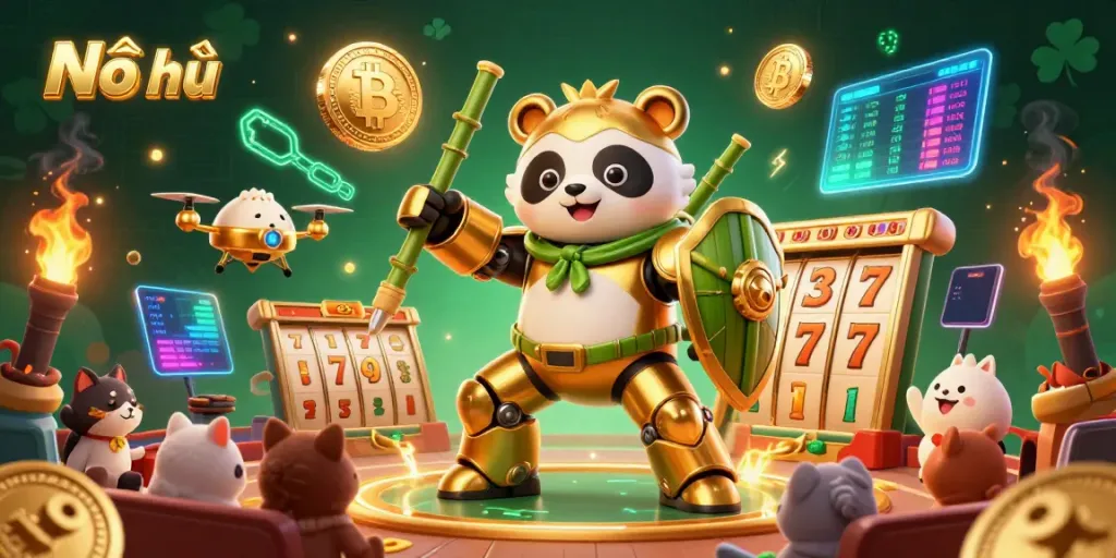 Engaging scene of Nổ hũ slot game excitement with golden panda and vibrant casino elements.