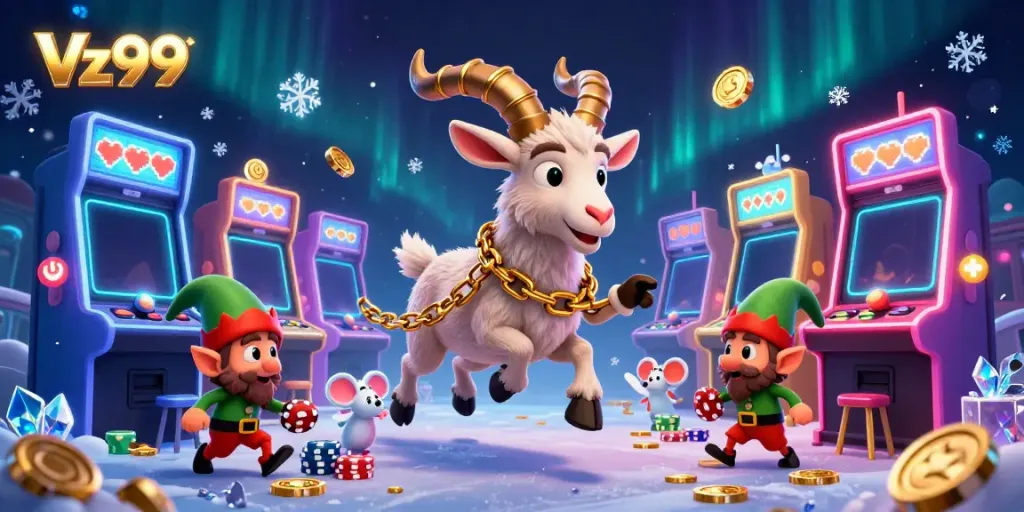 Experience Vz99's vibrant casino scene with playful characters among lively slot machines and poker chips.