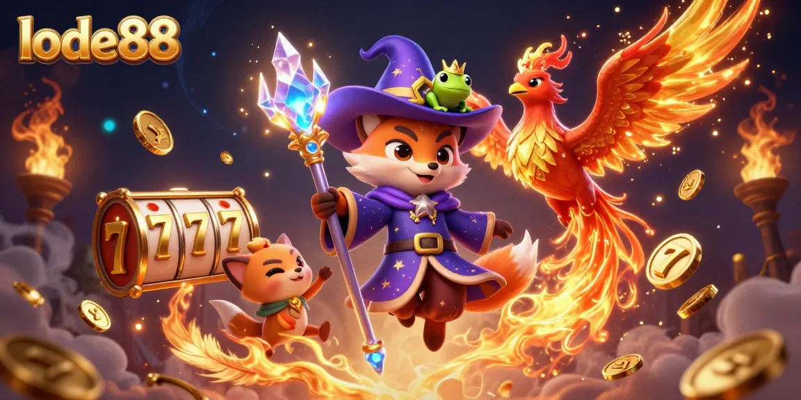 Engage with lode88's vibrant casino scene featuring a wizard, phoenix, and dazzling slot elements.