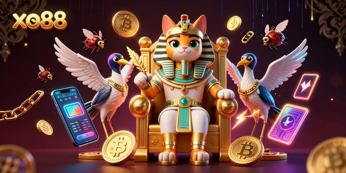 Play exciting games at xo88 with a dazzling Egyptian cat and crypto treasures surrounding them.