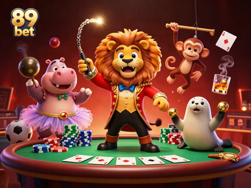 Experience thrilling action at 89 bet with vibrant circus characters and dynamic sports betting elements.