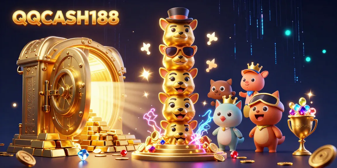 Win big with QQCASH188's vibrant 3D casino scene featuring golden treasures and animated totem pole.