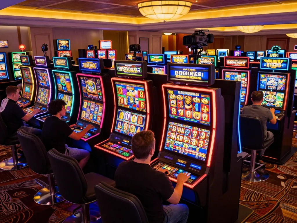 Players enjoying colorful slot machines at viceroyluxury casino, showcasing lively gaming action.