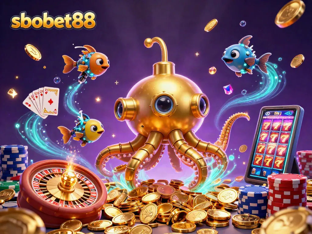 Savor sbobet88 with vibrant 3D kraken and casino elements in this lively digital illustration.