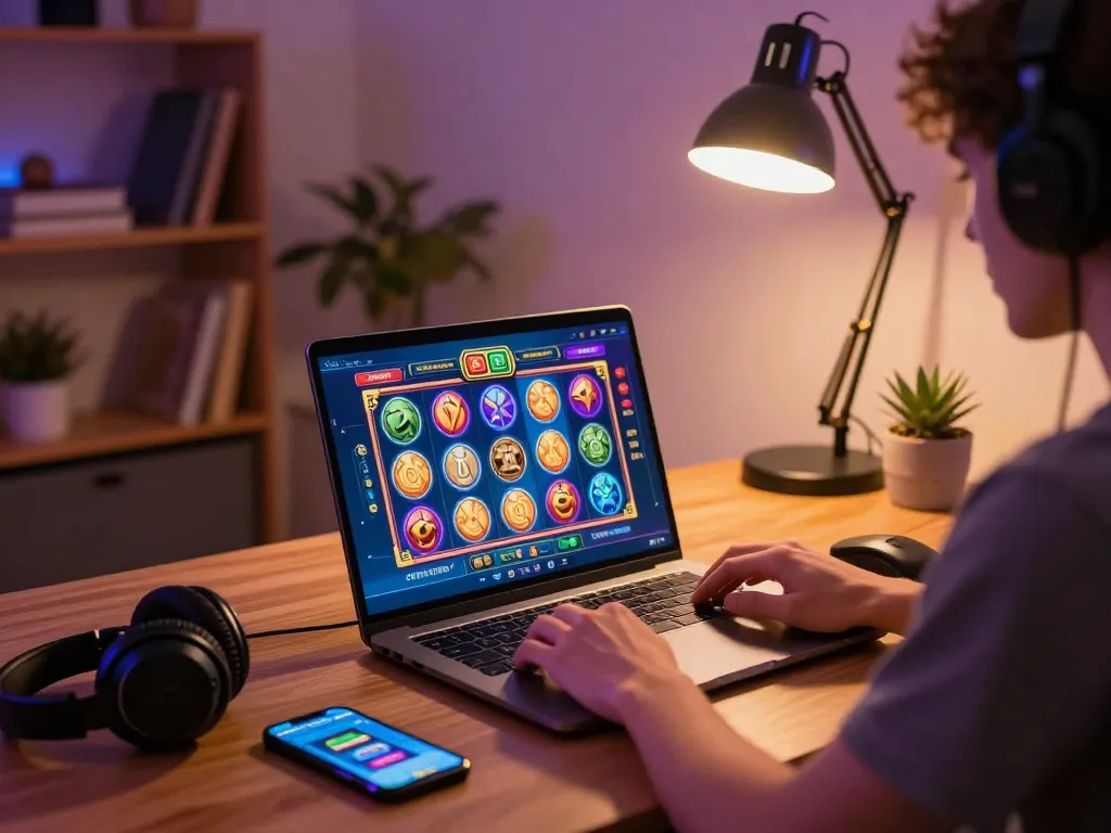 Engaging in game online with colorful slots on a laptop in a cozy gaming setup.