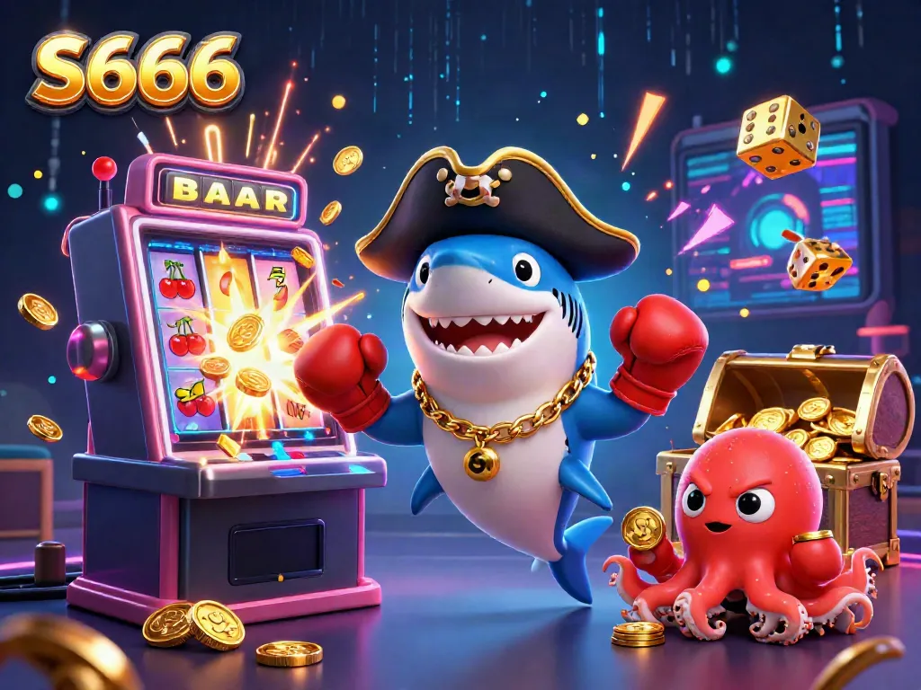 Experience thrilling S666 adventures with cartoon characters around a vibrant slot machine.