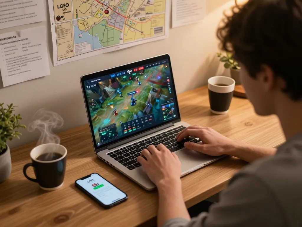 LGO GOAL gaming setup with a player engaged in online gaming, laptop interface visible, cozy atmosphere.