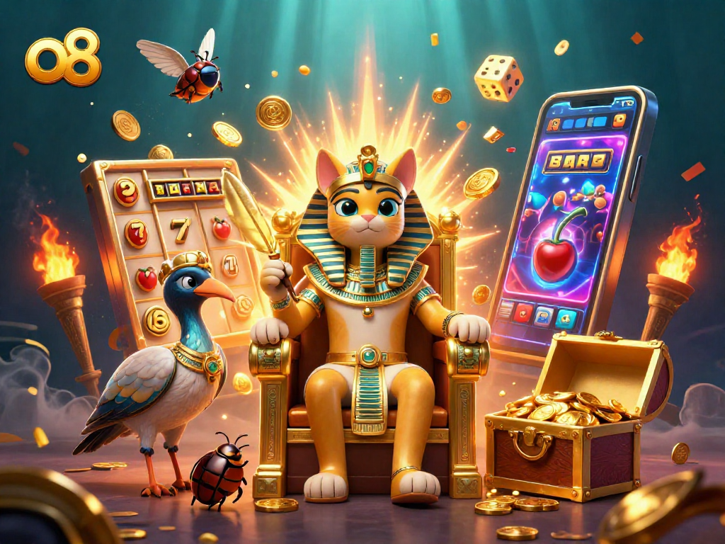 Experience thrilling slots with o8 as a golden pharaoh cat reigns over a jackpot-filled treasure scene.