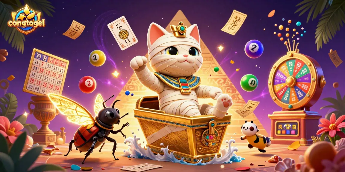 Play congtogel with a vibrant scene featuring an Egyptian mummy cat and colorful lottery elements.
