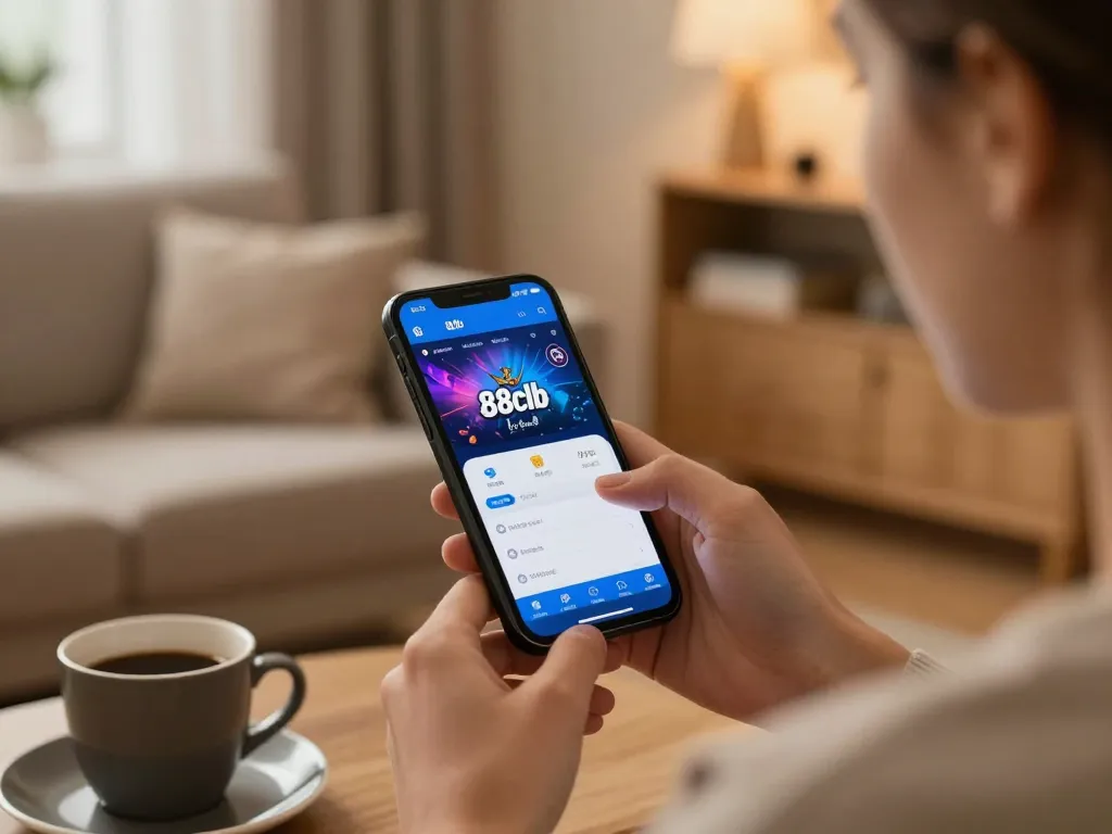 Engaged player using 88clb app on smartphone in a cozy home setting.