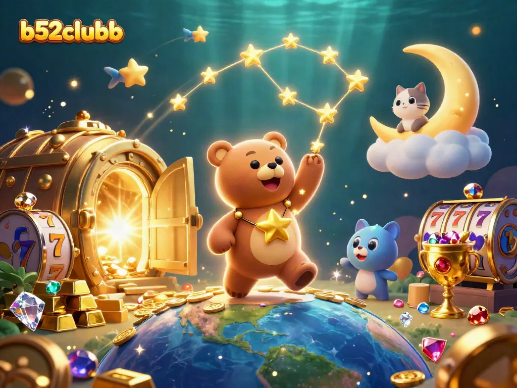 Engage in thrilling gameplay with b52clubb's vibrant slots and treasure-filled 3D illustration.
