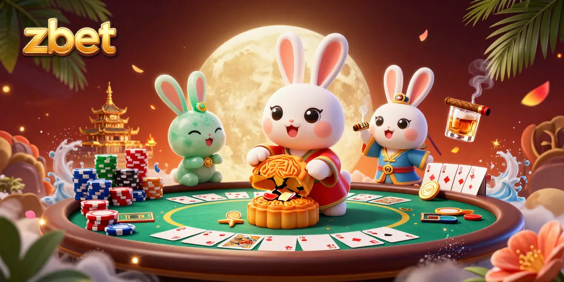 Experience zbet's thrilling atmosphere with a moon rabbit and poker-themed lunar scene.