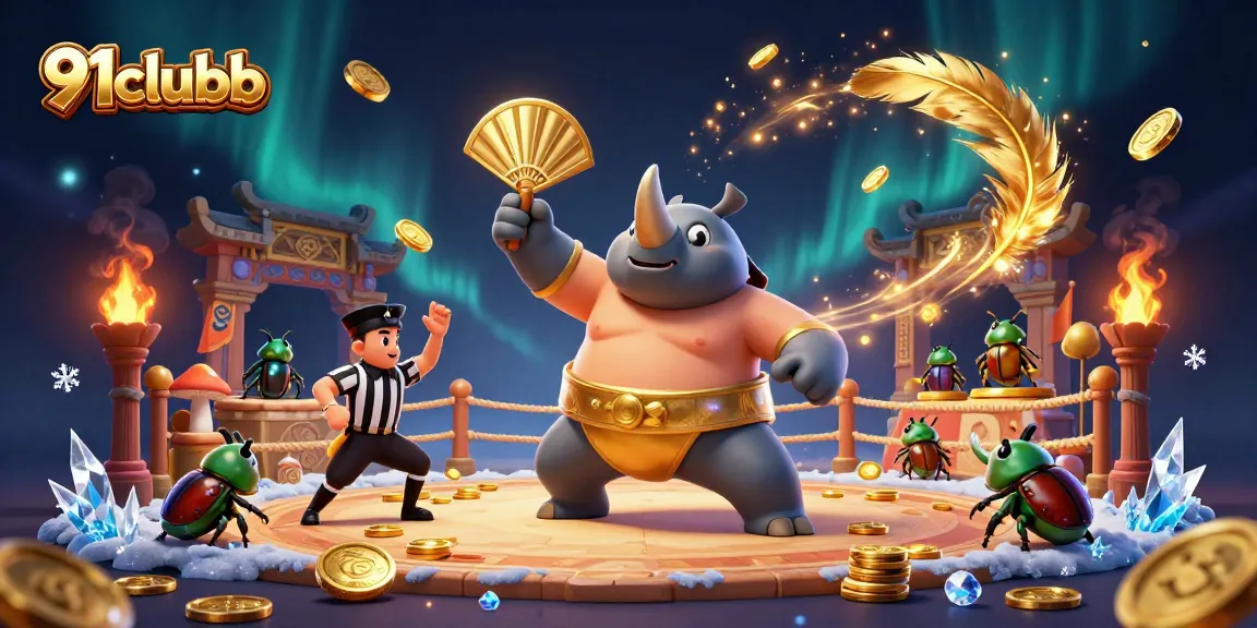 Engaging scene of 91clubb with a sumo beetle champion celebrating wins amidst gold coins and vibrant decorations.