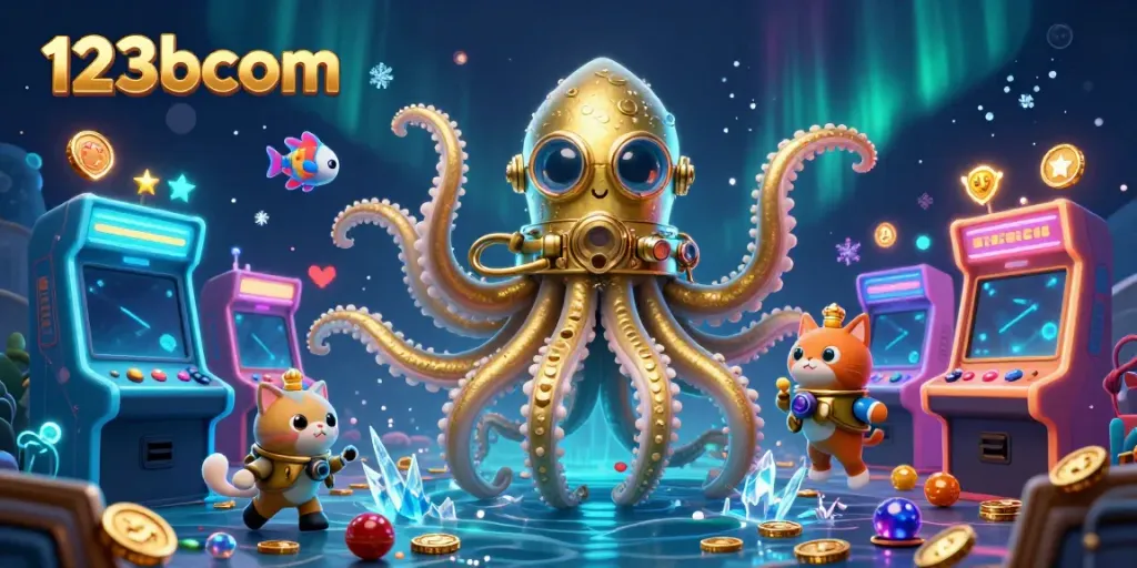 Engage in gaming excitement at 123bcom with a lively scene of a kraken, diving cat, and vibrant arcade machines.