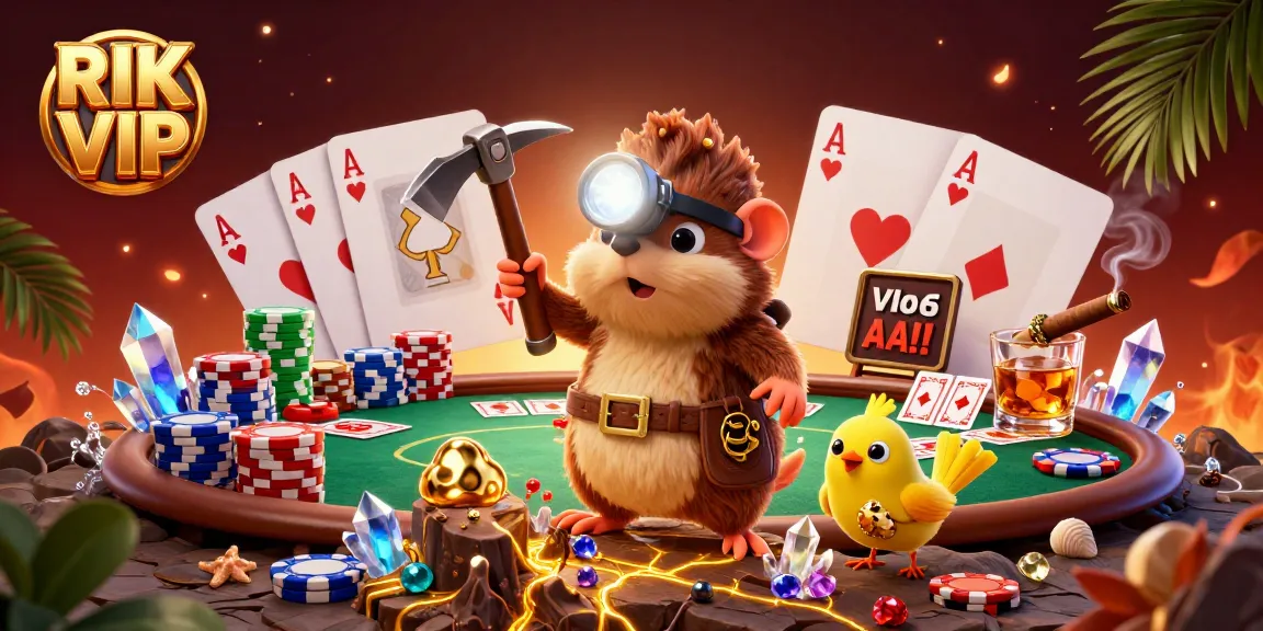 Engage in thrilling RIK VIP gaming moments with a treasure hunter and poker excitement.