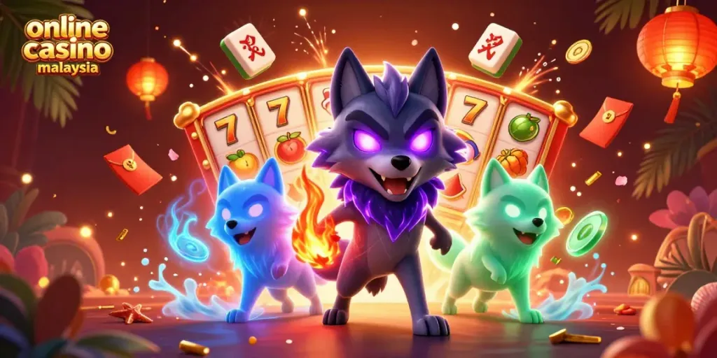 Engage in exciting gameplay at online casino malaysia with vibrant 3D wolves and animated slot elements.
