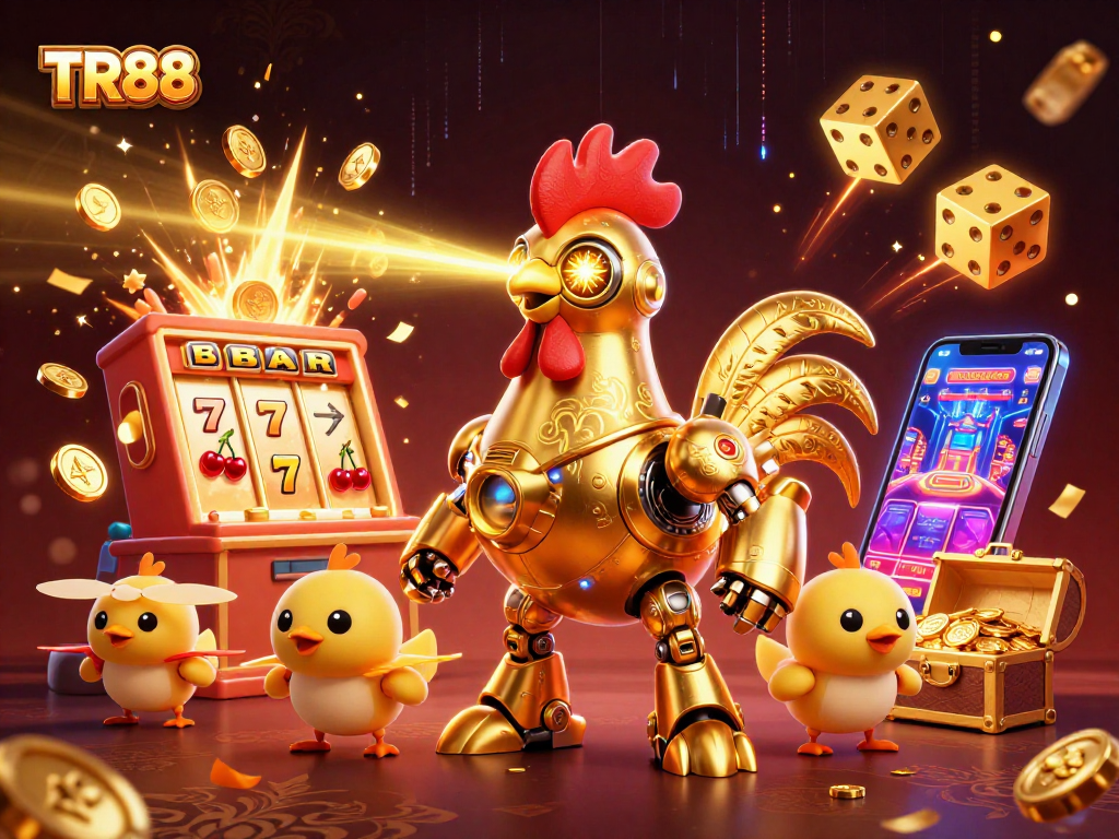 Experience thrilling games at TR88 with a futuristic golden rooster robot and dynamic casino elements.