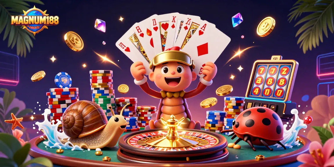 Experience thrilling gameplay at MAGNUM188 with exciting slots, vibrant chips, and animated characters.