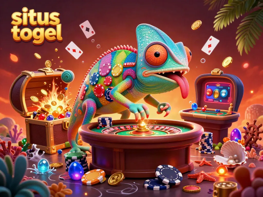Experience the excitement of situs togel with a vibrant casino scene featuring a chameleon casino owner amidst dynamic gaming elements.