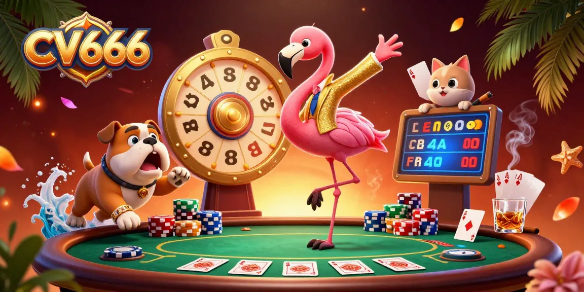 Win big at CV666 with an exciting game show scene featuring a flamingo host, bulldog contestant, and poker elements.