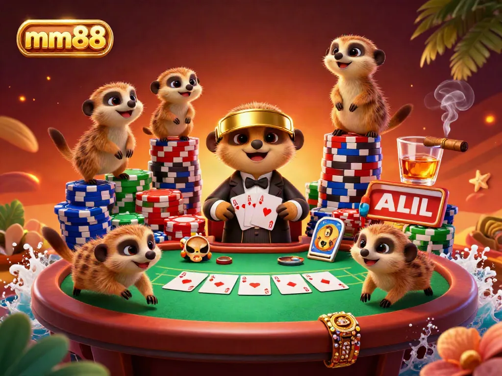 Experience thrilling action at mm88 with a vibrant meerkat casino scene packed with poker excitement.