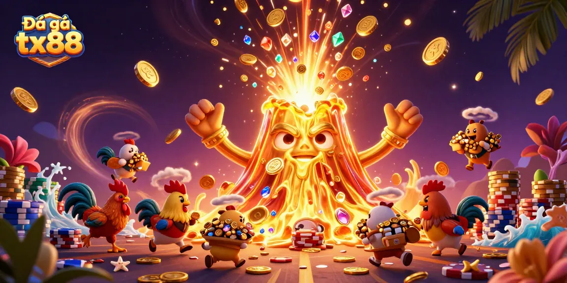 Experience the thrill of Đá gà tx88 with exciting rooster battles and treasure-filled scenes, showcasing dynamic elements of online betting.