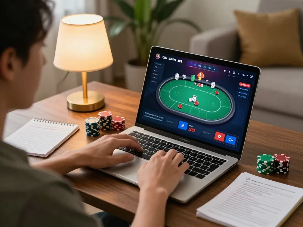 Player enjoying an online rr88 casino game on a laptop with strategy notes visible, cozy home setting.