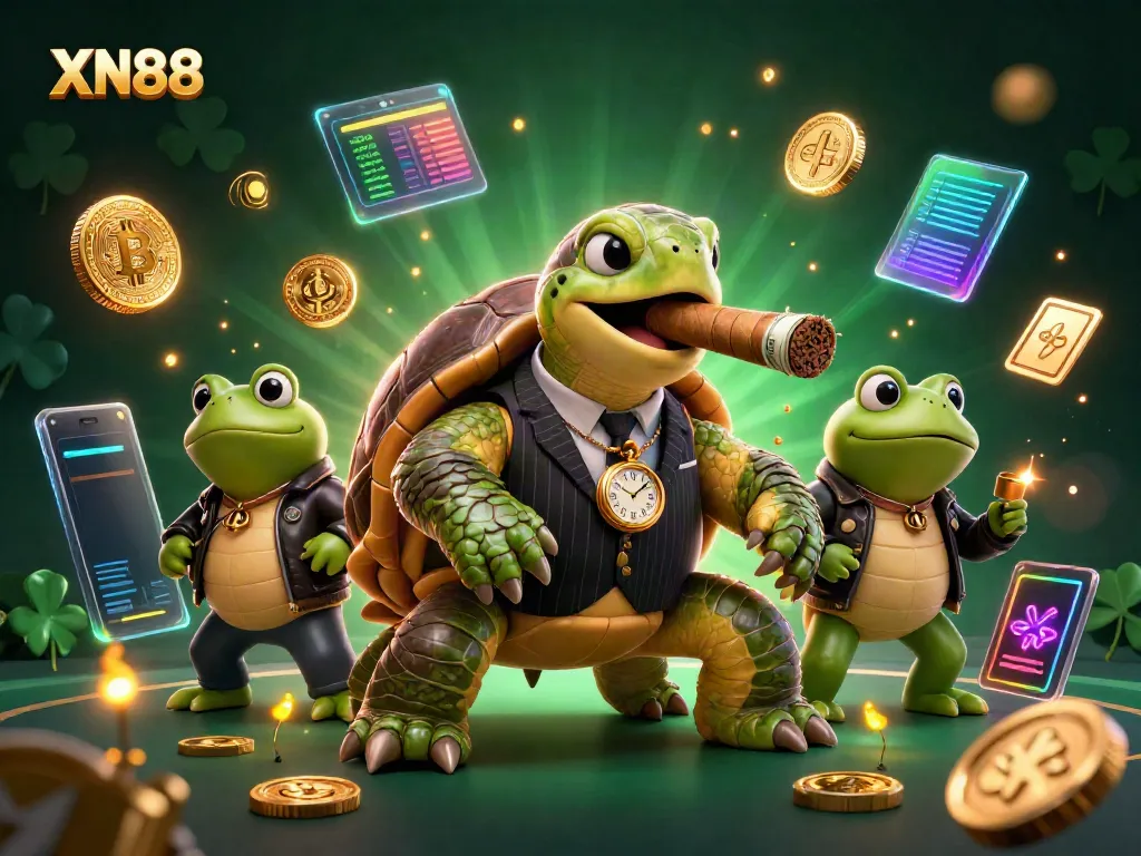 Join XN88 for thrilling casino adventures with a massive turtle in a mobster suit, Ethereum, and Bitcoin coins.