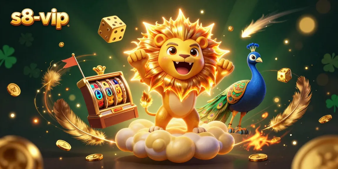 Experience the vibrant world of s8-vip with a roaring sun lion and stunning casino elements.