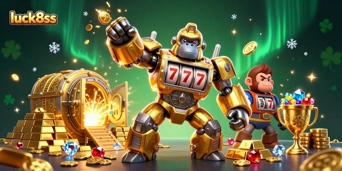 Experience thrilling wins at luck8ss with a vibrant, action-packed casino scene featuring a golden gorilla mech.