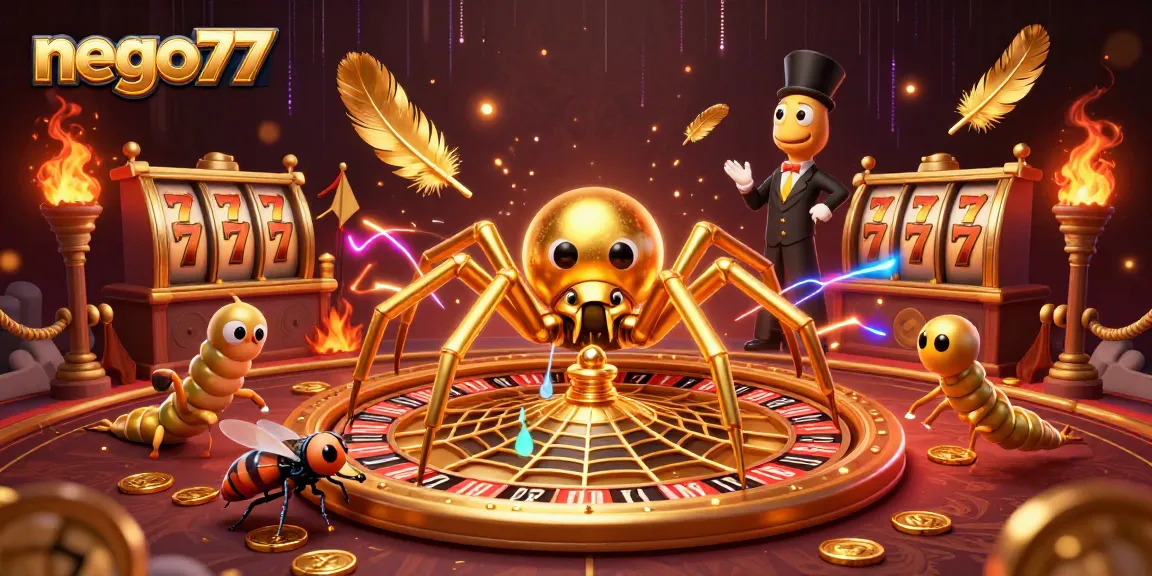 Experience thrilling gambling with nego77, featuring a golden spider and thrilling slot elements.