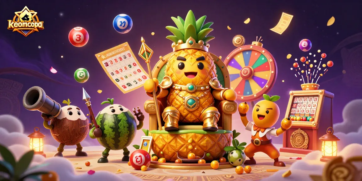Engage with keonhacaicopa casino thrills featuring a golden pineapple king amidst vibrant interactive gaming elements.