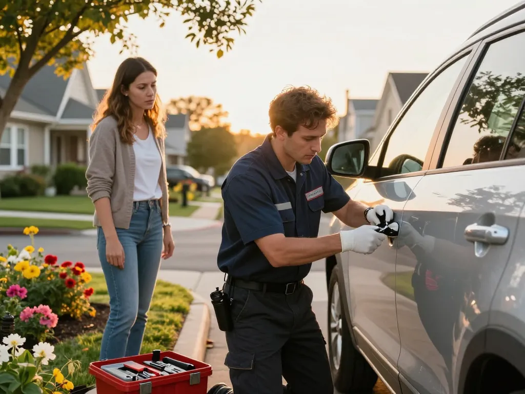locksmith in Fort Pierce assists a homeowner with car lock repair in a warm neighborhood setting