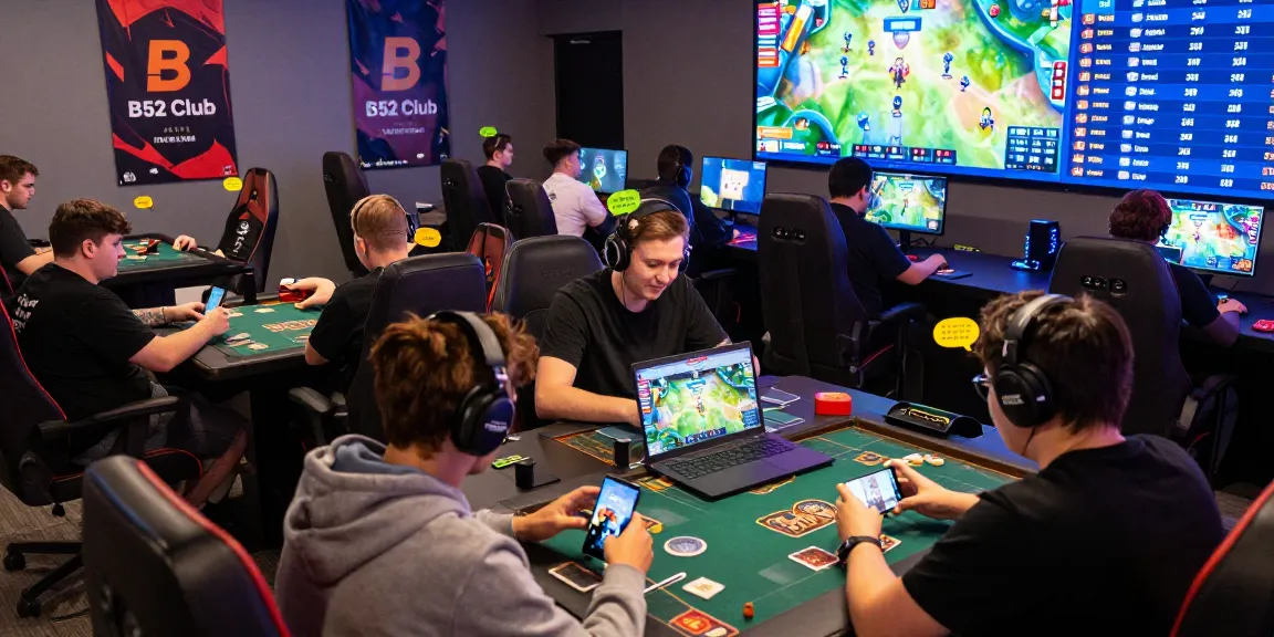 Exciting B52 gaming scene with players engaged in card games and vibrant digital graphics
