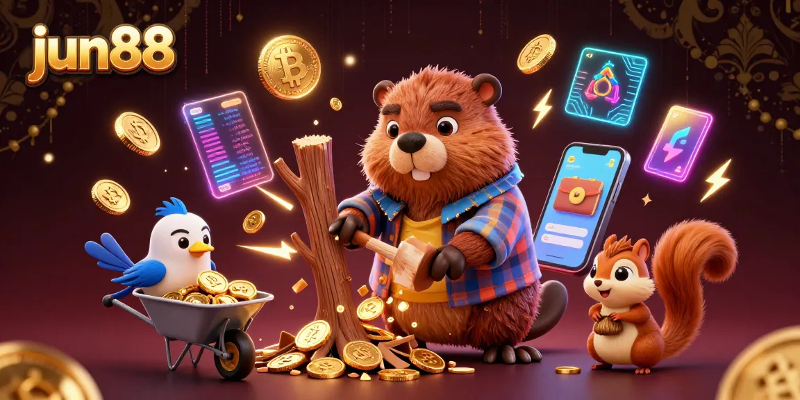 Join the fun at jun88 with a playful scene of a beaver and friends collecting golden coins while enjoying crypto-themed gaming elements.
