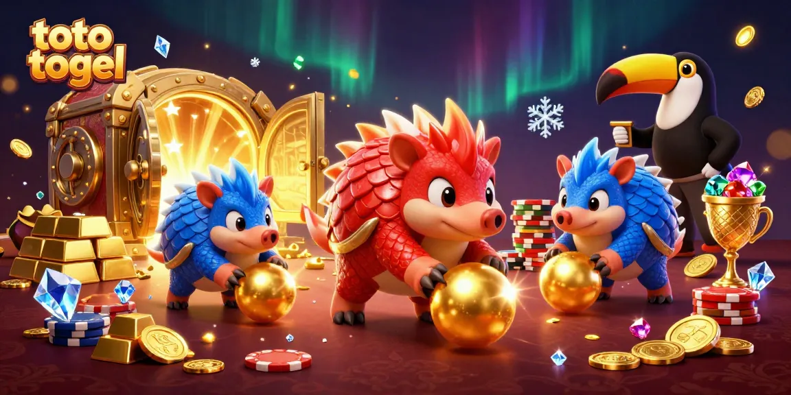 Toto togel excitement depicted by rival pangolins in a thrilling casino scene with gold treasures.