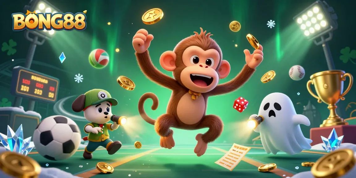 Experience thrilling gambling at BONG88 with a monkey juggling golden casino treasures amidst dynamic sports elements.