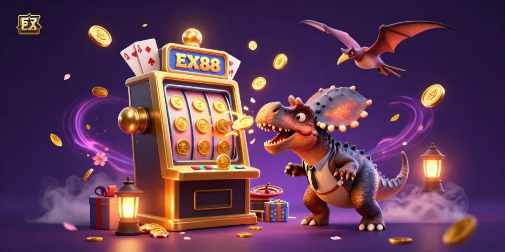 EX88 jackpot moment with cartoon dinosaurs celebrating golden coin wins in a lively casino scene.