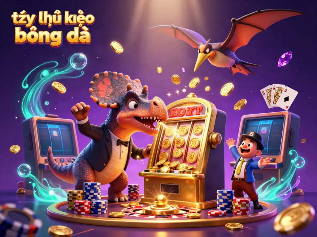 Engage with tỷ lệ kèo bóng đá as a pachycephalosaurus strikes a golden slot machine, amidst flying coins and vibrant casino elements.