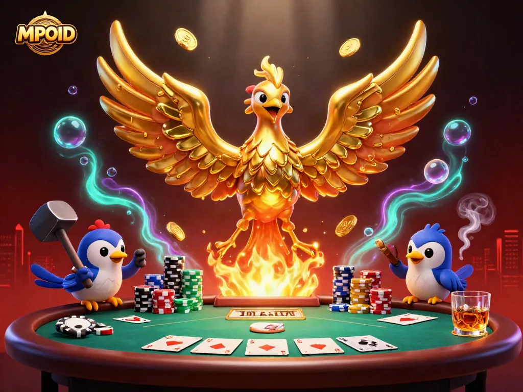 Experience MPOID's thrilling casino environment with a phoenix forged in gold, poker elements, and an electrifying atmosphere.