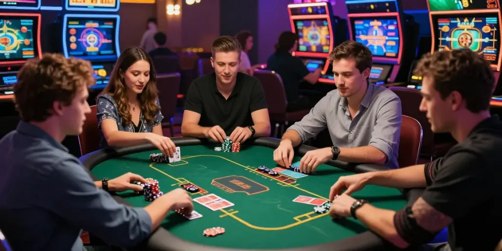 Engaged players at SV88 live dealer casino, vibrant and lively gaming atmosphere.