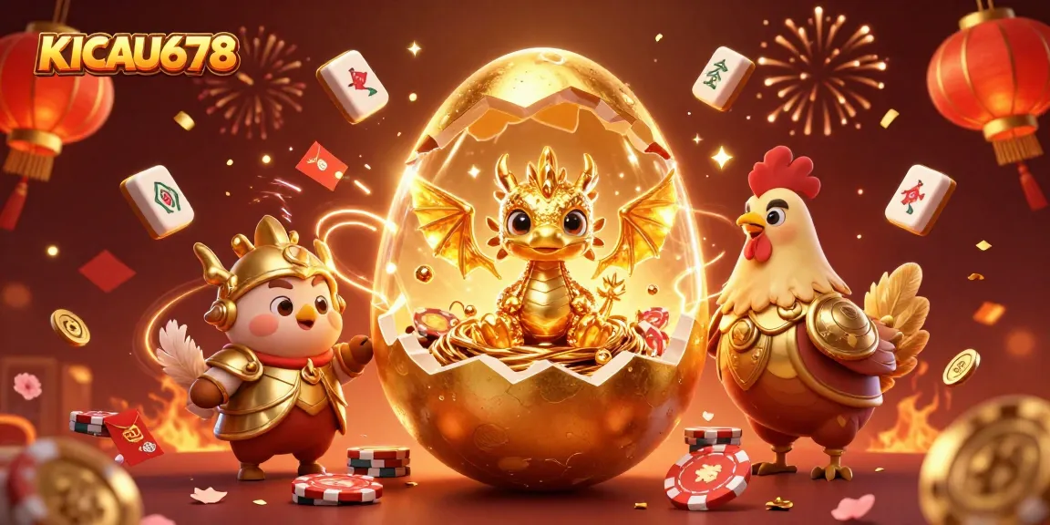 KICAU678 reveals a golden dragon on poker chips amidst festive casino elements.