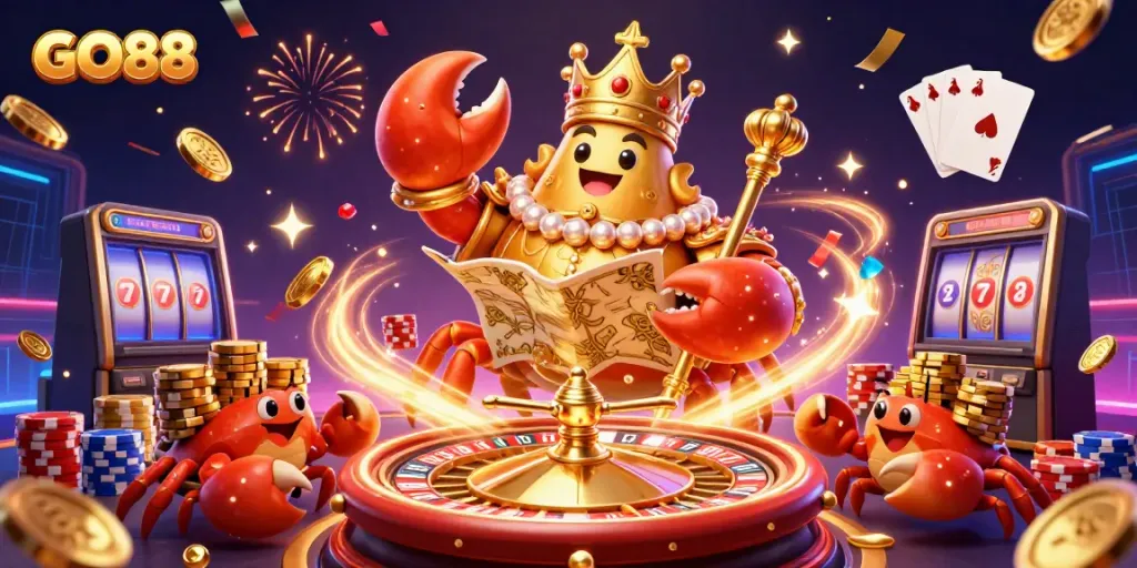 Exciting GO88 casino scene with a golden crab emperor, treasure map, and dynamic gaming elements
