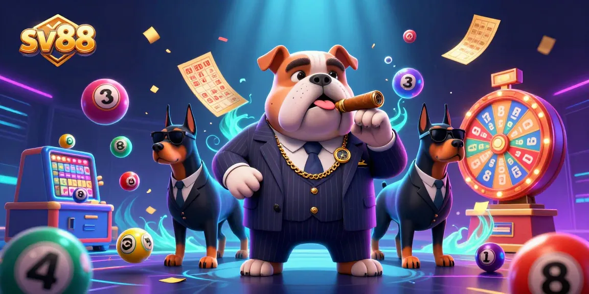 sv88 captivating lottery scene featuring a mafia bulldog and Doberman bodyguards surrounded by vibrant game elements