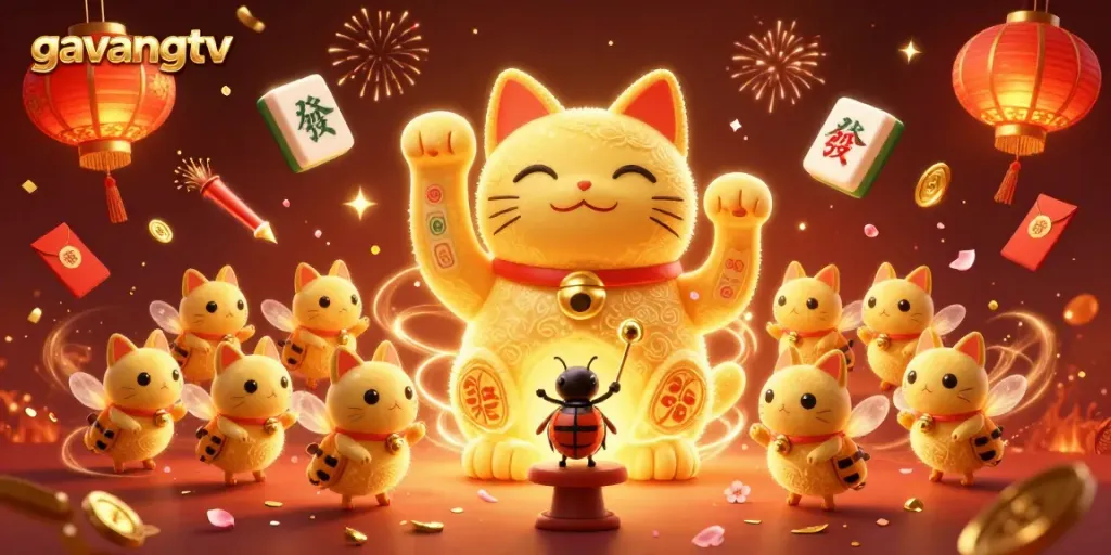 Engage with lucky cat gameplay elements in a vivid scene of gavangtv, showcasing festive symbols and dynamic visuals.