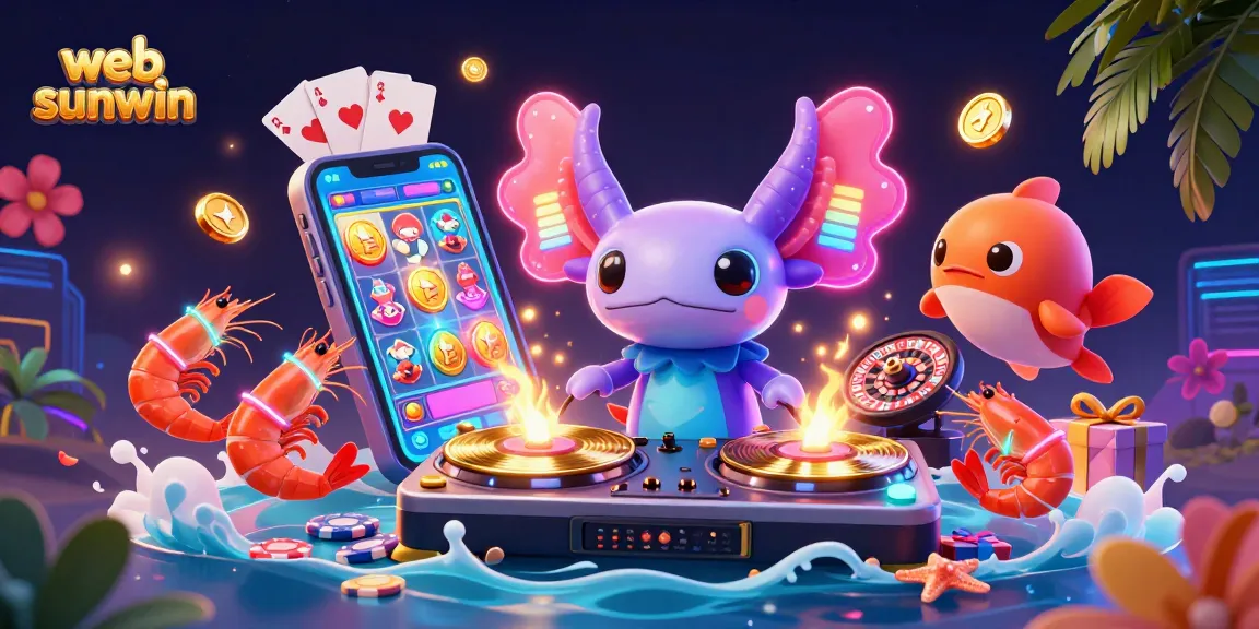 Engage in fun gaming with web sunwin: vibrant 3D illustration of a DJ axolotl and dancing shrimp.