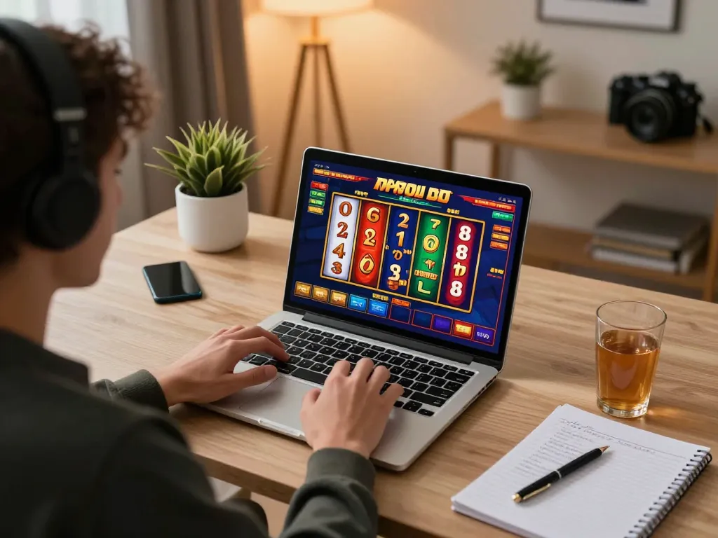 Engaging in mpoid slot games on a laptop in a stylish home office, showcasing an exciting online gaming experience.