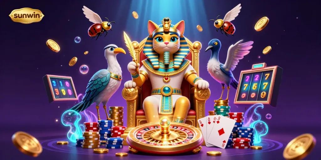 Win big with sunwin at the Egyptian-themed casino featuring majestic pharaoh cat and thrilling game elements.