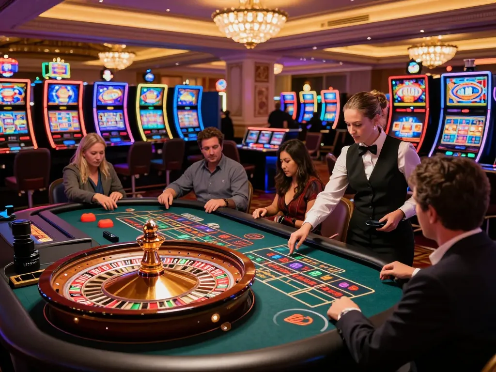 Các người chơi LUCK8 đang cá cược tại bàn roulette trong không khí sôi động của một sòng bạc.