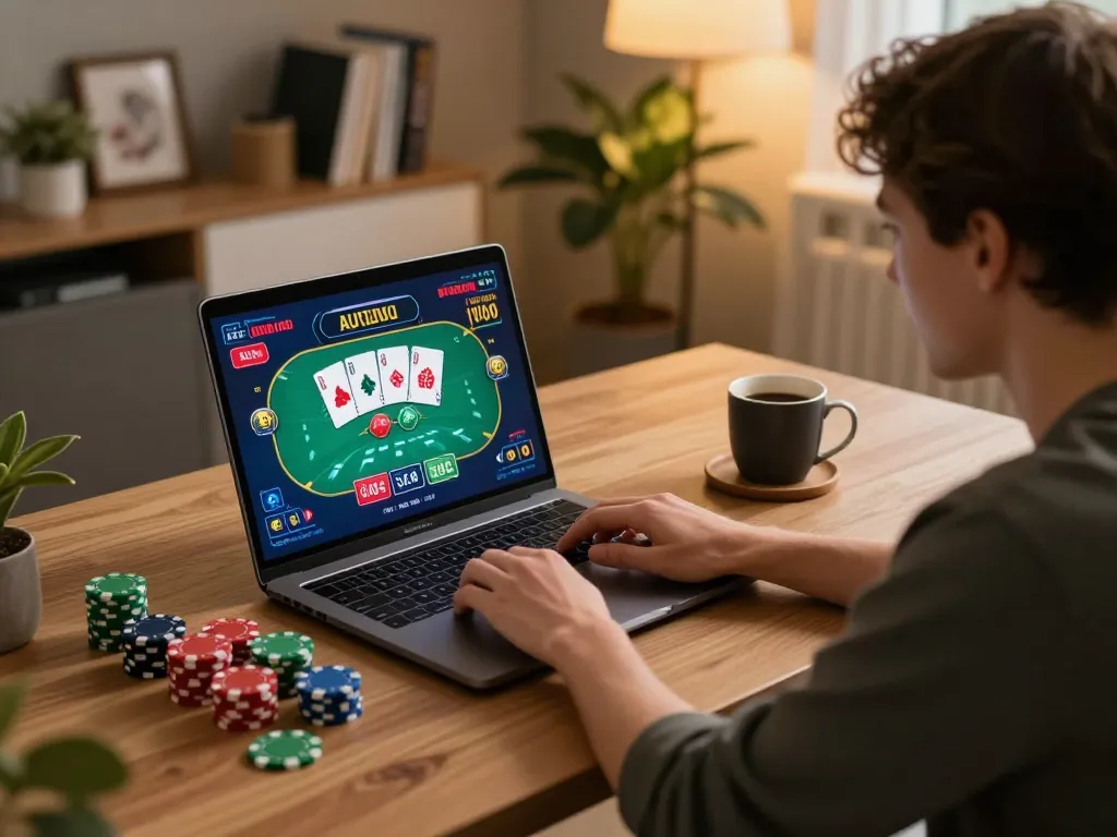Engaging home gaming session featuring top game bài đổi thưởng on a laptop, highlighting strategic gameplay and cozy atmosphere